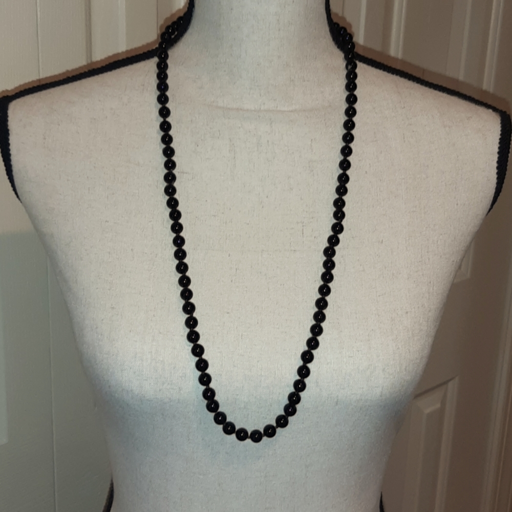 Black Onyx Beaded Necklace, Hand Knotted Silk